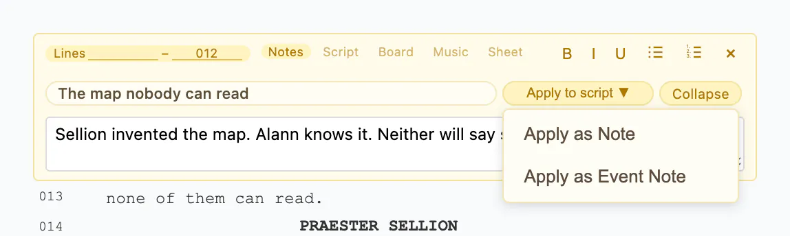 Notes injection Apply to script menu offering Apply as Note and Apply as Event Note
